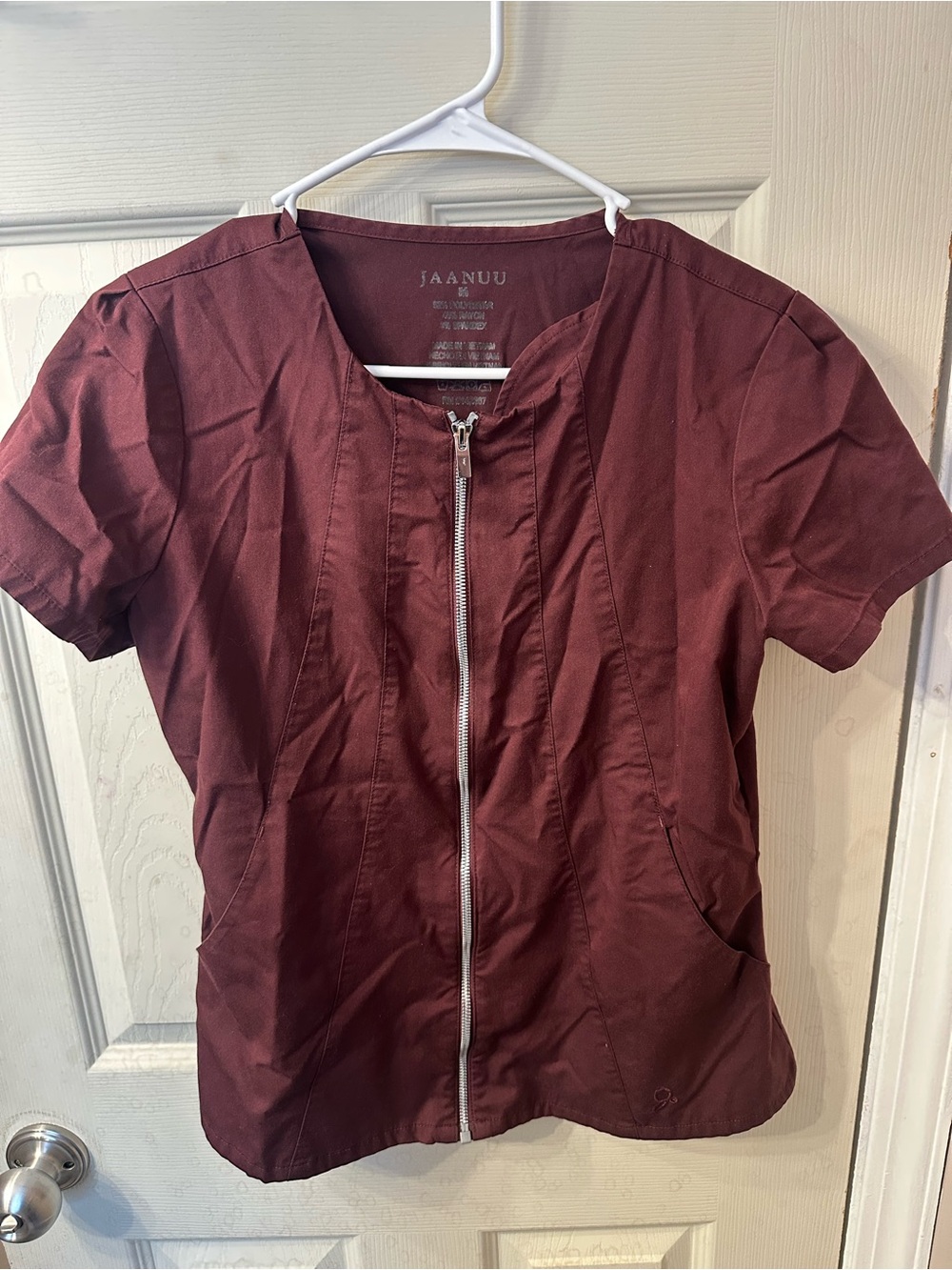 Jaanuu Women’s Zip-Front Scrub Shirt in Burgundy
